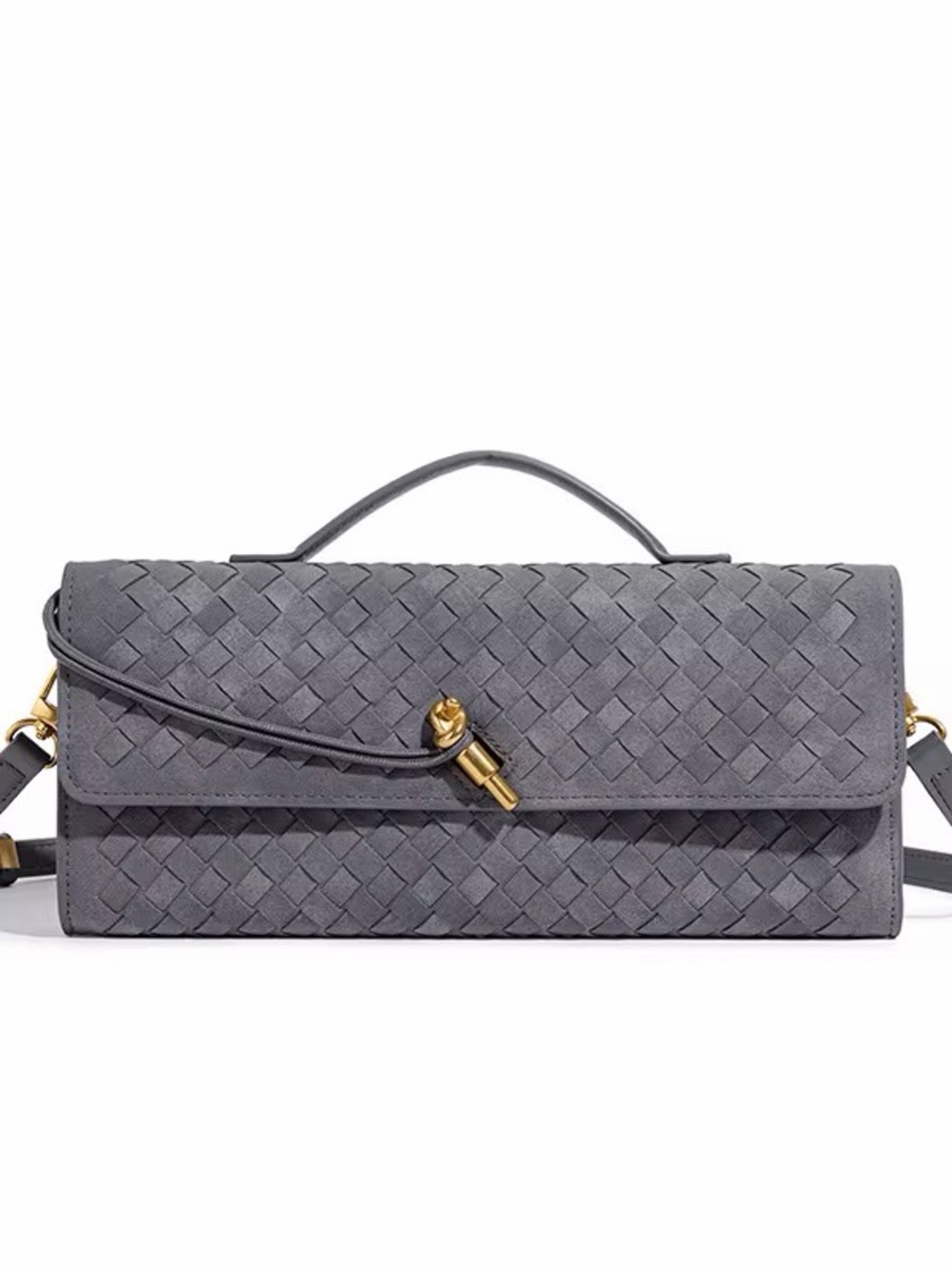 Woven Suede Top Handle Clutch — Taupe with Gold Hardware